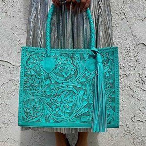 Que Chula! Marcos Large Tooled Leather Turquoise Tote Bag